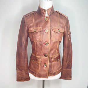 Tory Burch Sgt. Pepper Distressed Brown Leather Jacket Size 2 RARE